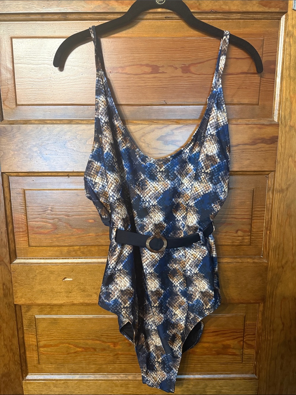 Women’s one-Piece Swimsuit in Navy Blue and Tan with Belt